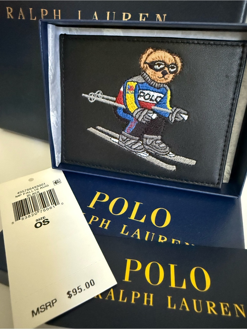 Polo Ralph Lauren Embroidered Ski Bear Leather Card Holder Black NWT OS - Picture 4 of 17